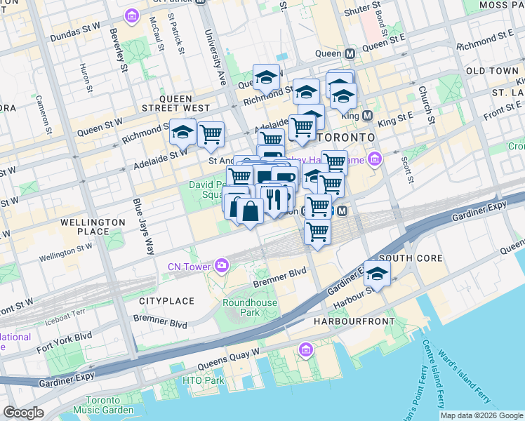 map of restaurants, bars, coffee shops, grocery stores, and more near 158 Front Street West in Toronto