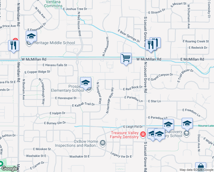 map of restaurants, bars, coffee shops, grocery stores, and more near 4450 North Mooney Falls Way in Meridian