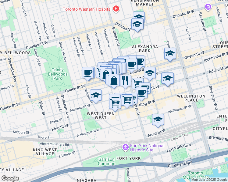 map of restaurants, bars, coffee shops, grocery stores, and more near in Toronto