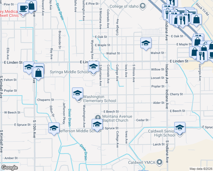 map of restaurants, bars, coffee shops, grocery stores, and more near 2724 Colorado Avenue in Caldwell