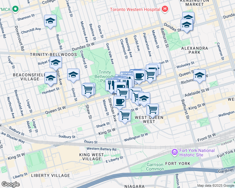 map of restaurants, bars, coffee shops, grocery stores, and more near 901 Queen Street West in Toronto