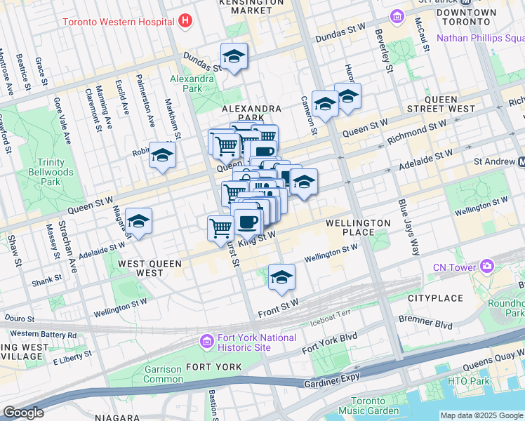 map of restaurants, bars, coffee shops, grocery stores, and more near 493 Adelaide Street West in Toronto
