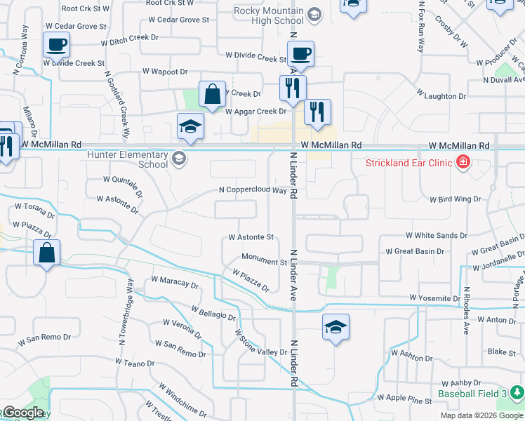 map of restaurants, bars, coffee shops, grocery stores, and more near 190f North Penngrove Way in Meridian