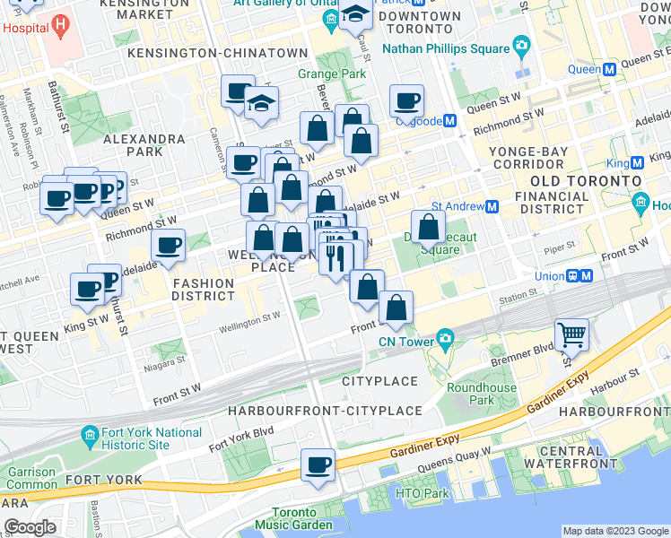 map of restaurants, bars, coffee shops, grocery stores, and more near in Toronto