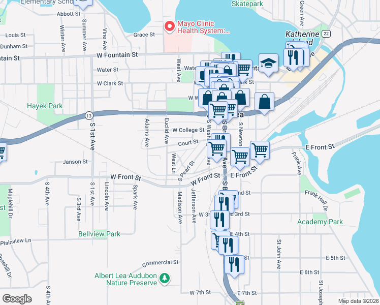 map of restaurants, bars, coffee shops, grocery stores, and more near 509 Triangle Drive in Albert Lea