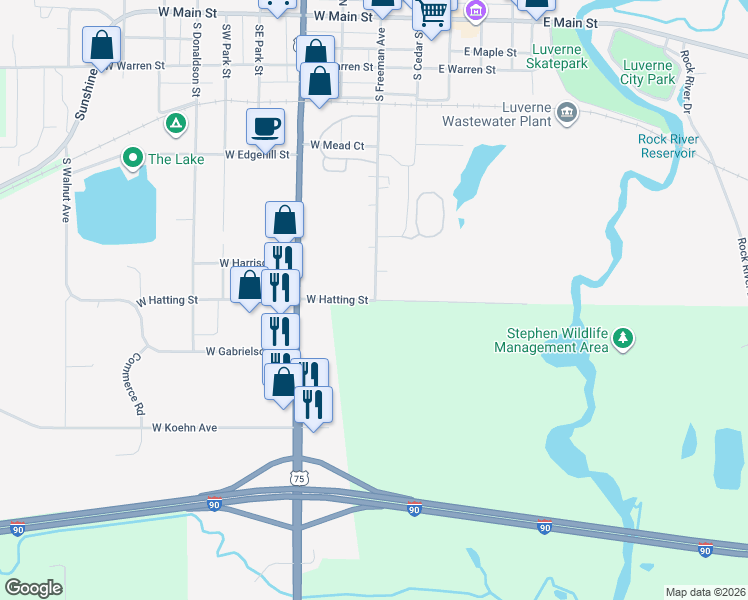 map of restaurants, bars, coffee shops, grocery stores, and more near 120 West Hatting Street in Luverne