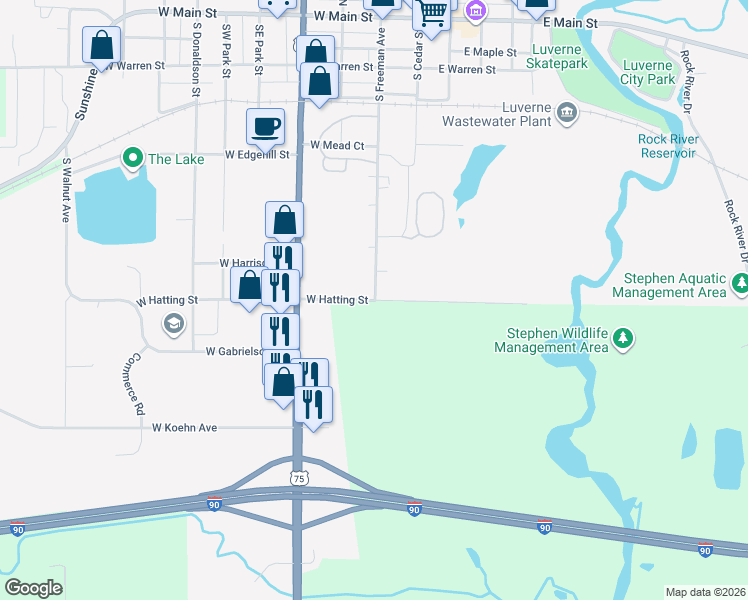 map of restaurants, bars, coffee shops, grocery stores, and more near 120 West Hatting Street in Luverne