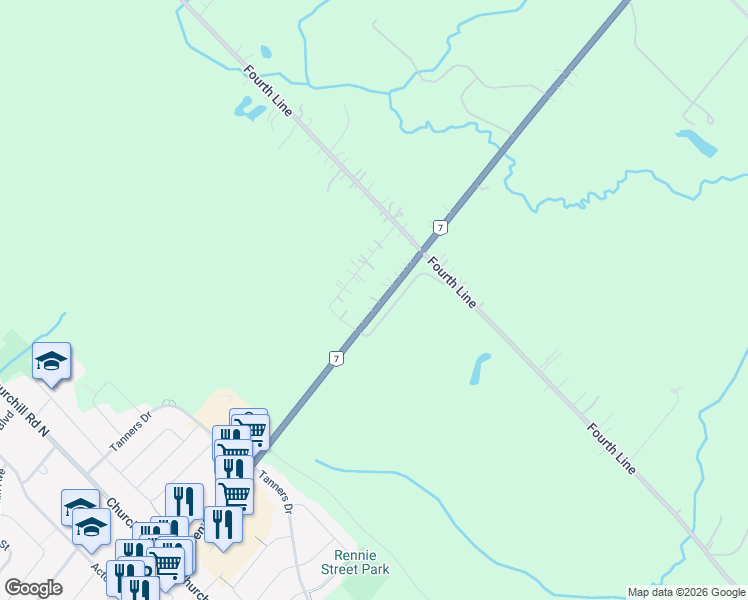 map of restaurants, bars, coffee shops, grocery stores, and more near 9843 Ontario 7 in Acton