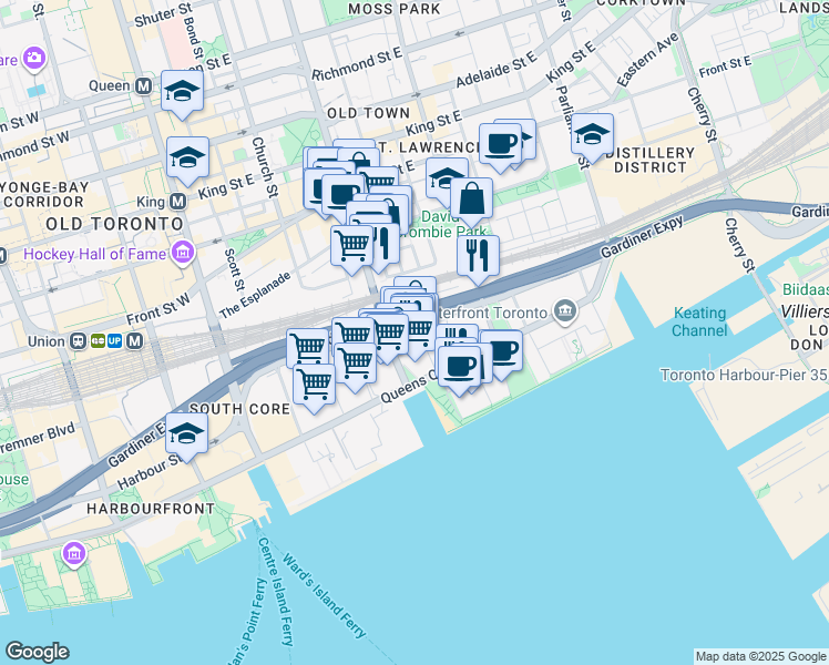 map of restaurants, bars, coffee shops, grocery stores, and more near 20 Richardson Street in Toronto