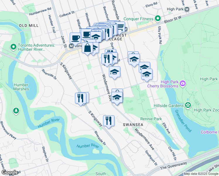 map of restaurants, bars, coffee shops, grocery stores, and more near 247 Windermere Avenue in Toronto