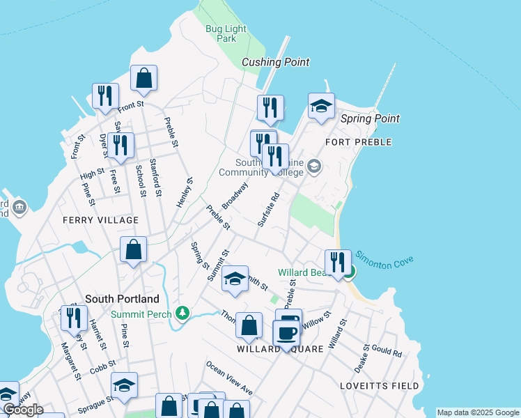 map of restaurants, bars, coffee shops, grocery stores, and more near 10 Surfsite Road in South Portland