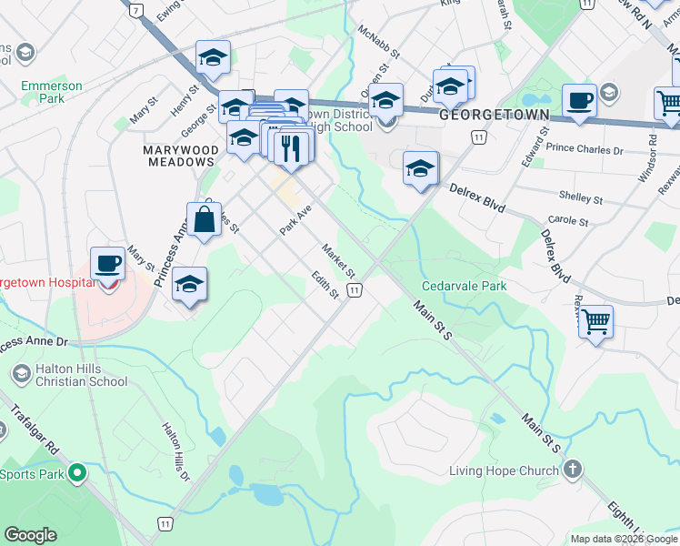 map of restaurants, bars, coffee shops, grocery stores, and more near 23 Market Street in Halton Hills