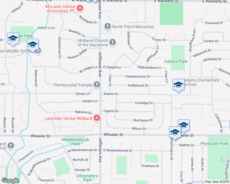 map of restaurants, bars, coffee shops, grocery stores, and more near 207 Adams Drive in Midland