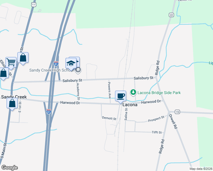map of restaurants, bars, coffee shops, grocery stores, and more near 29 Powers Avenue in Lacona