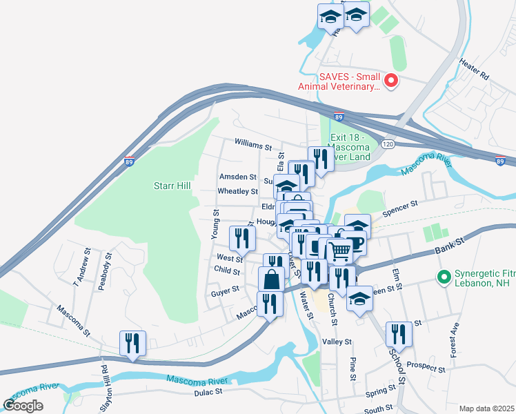 map of restaurants, bars, coffee shops, grocery stores, and more near 28 Eldridge Street in Lebanon