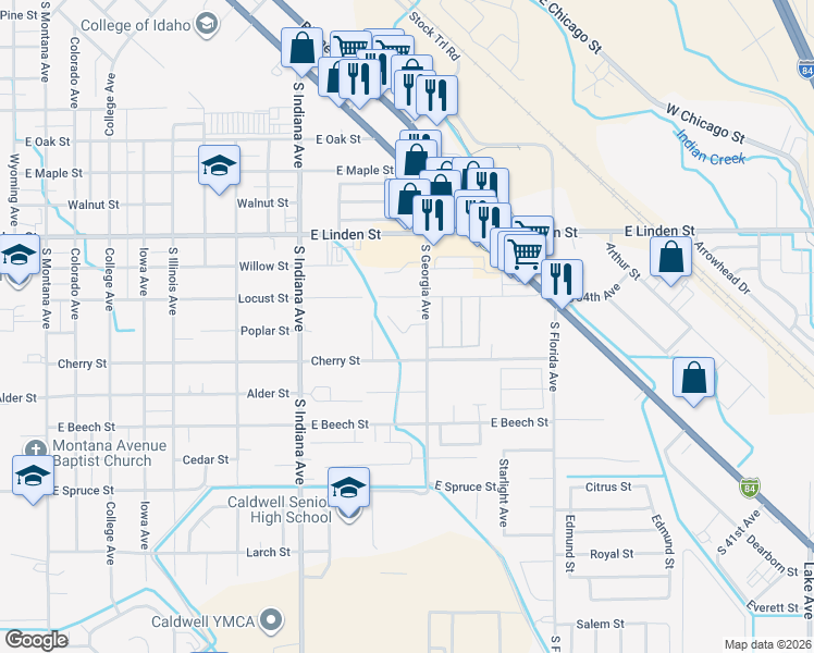 map of restaurants, bars, coffee shops, grocery stores, and more near 2804 South Georgia Avenue in Caldwell