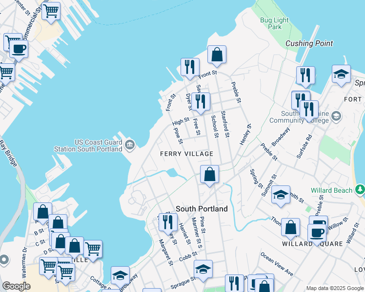 map of restaurants, bars, coffee shops, grocery stores, and more near in South Portland