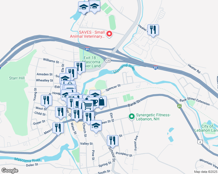 map of restaurants, bars, coffee shops, grocery stores, and more near 11 Spencer Street in Lebanon