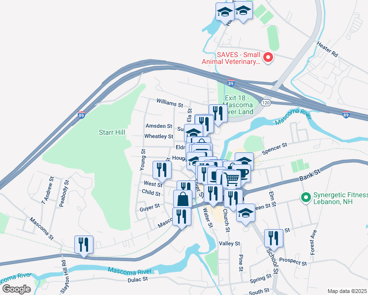 map of restaurants, bars, coffee shops, grocery stores, and more near 15 Eldridge Street in Lebanon