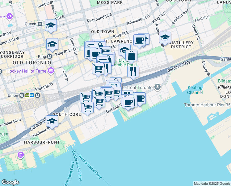 map of restaurants, bars, coffee shops, grocery stores, and more near 16 Richardson Street in Toronto
