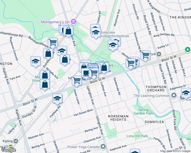 map of restaurants, bars, coffee shops, grocery stores, and more near 3280 Bloor Street West in Toronto