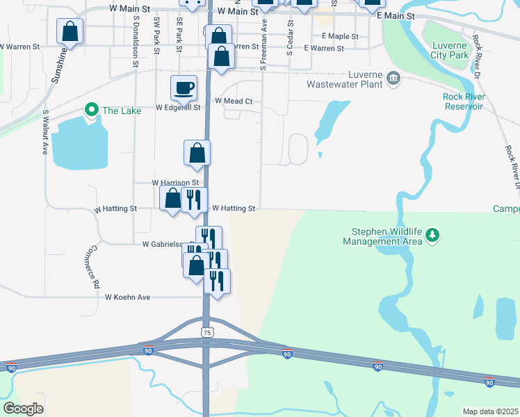 map of restaurants, bars, coffee shops, grocery stores, and more near 120 West Hatting Street in Luverne