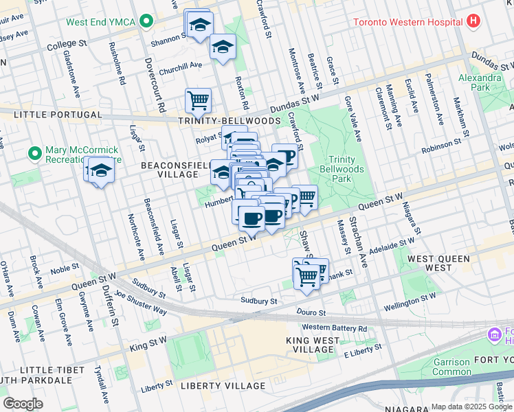 map of restaurants, bars, coffee shops, grocery stores, and more near 55 Ossington Avenue in Toronto