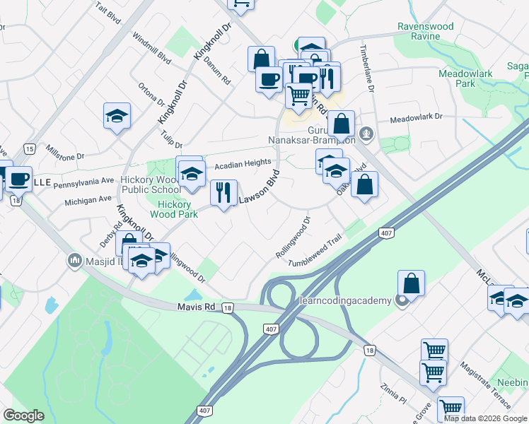 map of restaurants, bars, coffee shops, grocery stores, and more near 16 Rodwell Court in Brampton