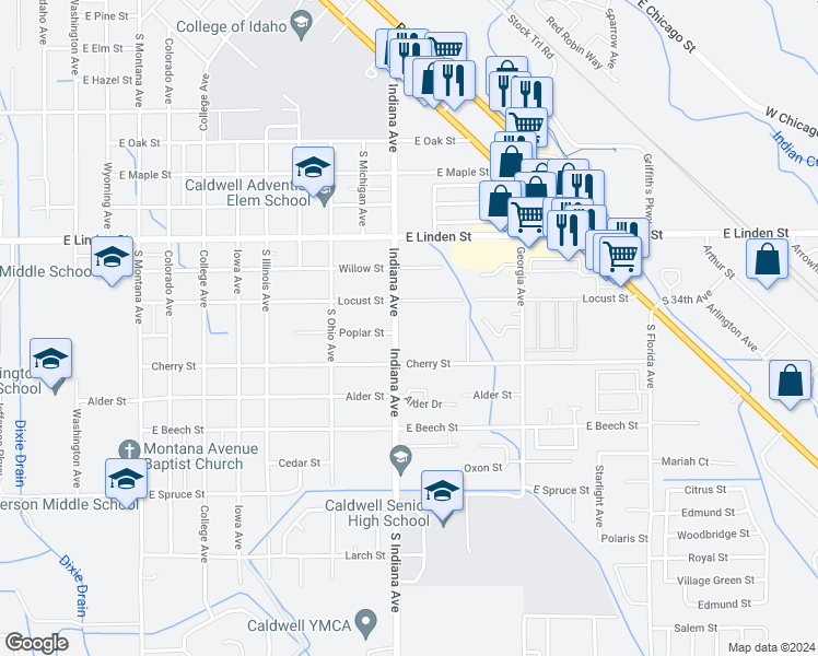 map of restaurants, bars, coffee shops, grocery stores, and more near 2711 South Indiana Avenue in Caldwell