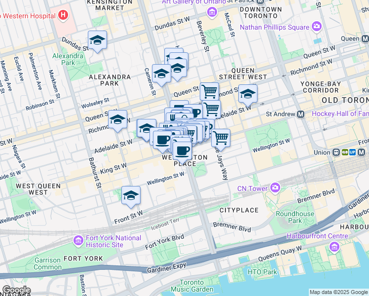 map of restaurants, bars, coffee shops, grocery stores, and more near in Toronto