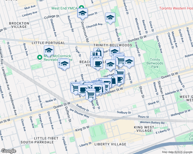 map of restaurants, bars, coffee shops, grocery stores, and more near 164 Dovercourt Road in Toronto