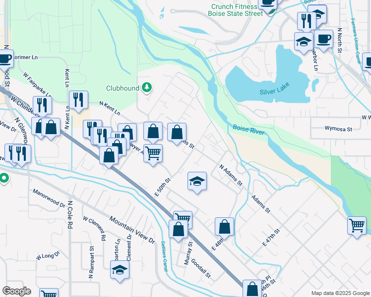 map of restaurants, bars, coffee shops, grocery stores, and more near 5021 Alworth Street in Boise