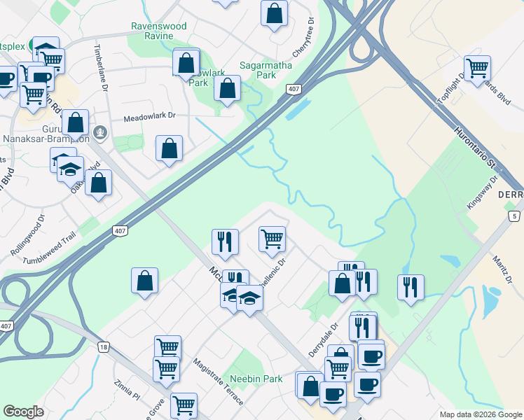 map of restaurants, bars, coffee shops, grocery stores, and more near 7369 Saint Barbara Boulevard in Mississauga