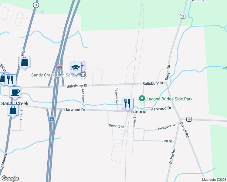 map of restaurants, bars, coffee shops, grocery stores, and more near 29 Powers Avenue in Lacona
