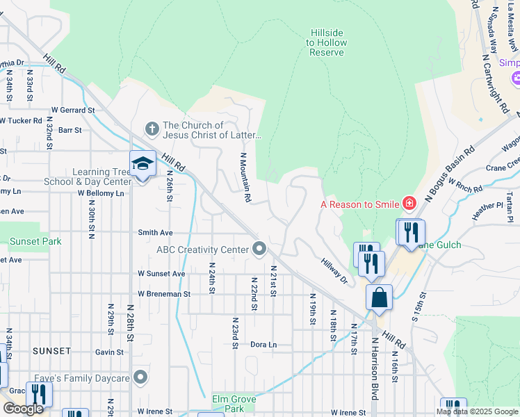 map of restaurants, bars, coffee shops, grocery stores, and more near 2855 North Mountain Road in Boise
