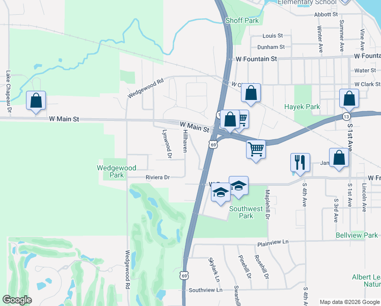 map of restaurants, bars, coffee shops, grocery stores, and more near 412 Bel Aire Drive in Albert Lea