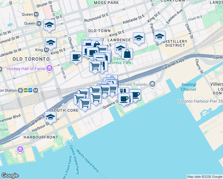 map of restaurants, bars, coffee shops, grocery stores, and more near 20 Richardson Street in Toronto