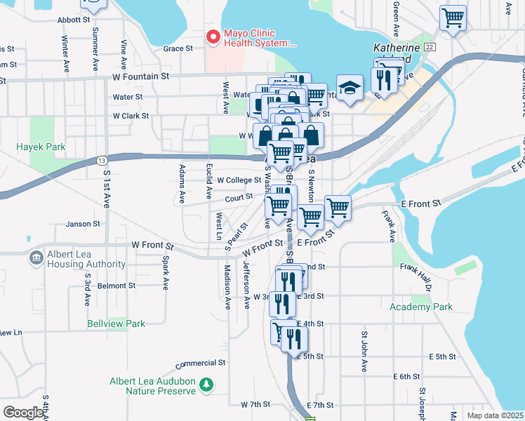 map of restaurants, bars, coffee shops, grocery stores, and more near 207 South Pearl Street in Albert Lea