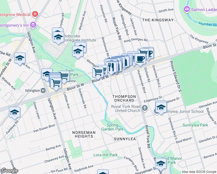 map of restaurants, bars, coffee shops, grocery stores, and more near 28 Thompson Avenue in Toronto