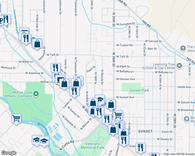 map of restaurants, bars, coffee shops, grocery stores, and more near 3855 Pine Avenue in Boise