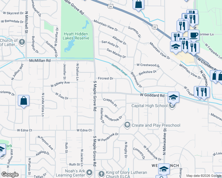 map of restaurants, bars, coffee shops, grocery stores, and more near 8810 Goddard Place in Boise