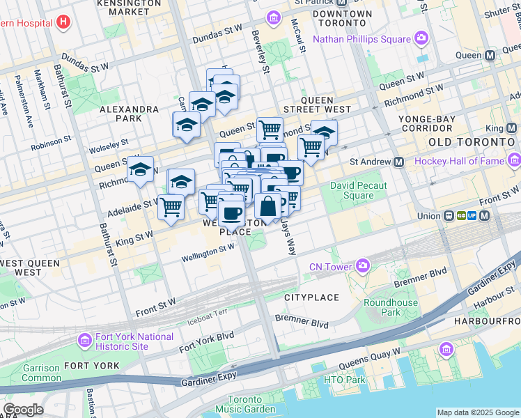 map of restaurants, bars, coffee shops, grocery stores, and more near 6 Clarence Square in Toronto