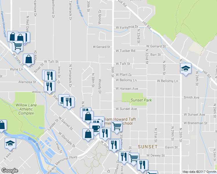 map of restaurants, bars, coffee shops, grocery stores, and more near 2725 36th Street in Boise