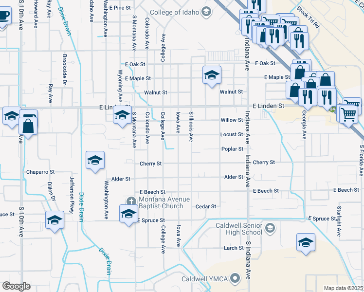 map of restaurants, bars, coffee shops, grocery stores, and more near 2717 Iowa Avenue in Caldwell