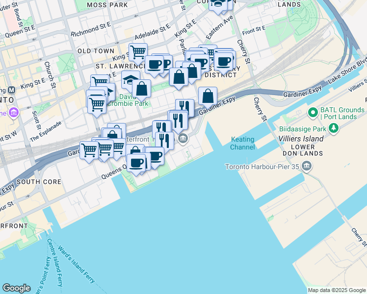 map of restaurants, bars, coffee shops, grocery stores, and more near 251 Queens Quay East in Toronto