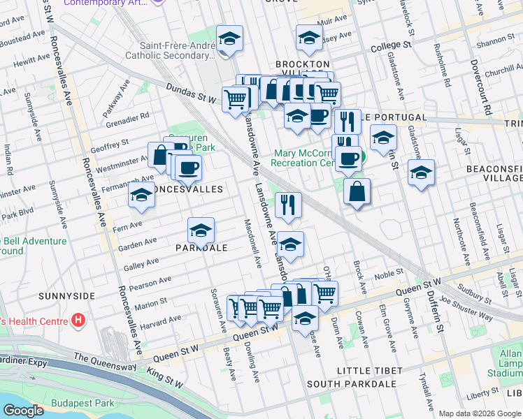 map of restaurants, bars, coffee shops, grocery stores, and more near 160 Lansdowne Avenue in Toronto