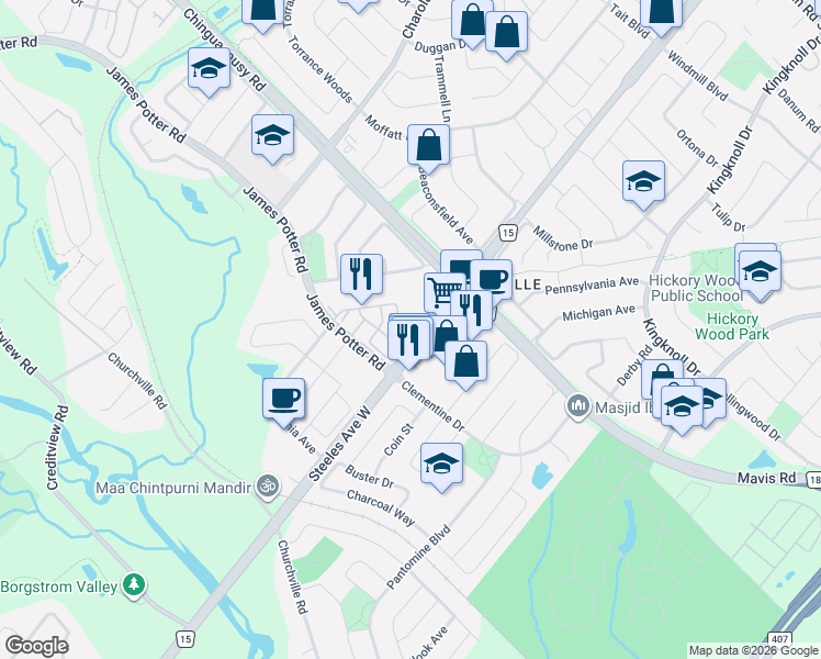 map of restaurants, bars, coffee shops, grocery stores, and more near 45 October Place in Brampton
