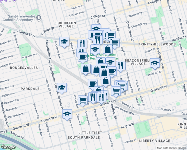 map of restaurants, bars, coffee shops, grocery stores, and more near 31 Florence Street in Toronto
