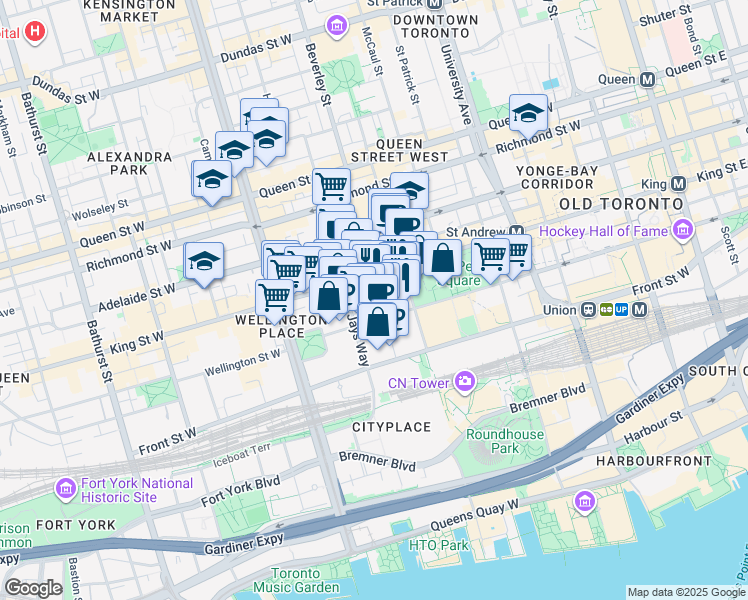 map of restaurants, bars, coffee shops, grocery stores, and more near 35 Mercer Street in Toronto