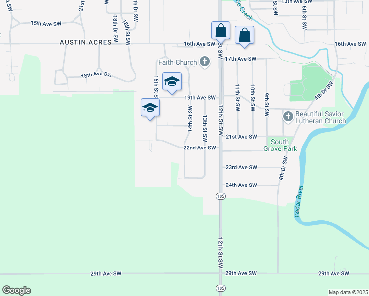 map of restaurants, bars, coffee shops, grocery stores, and more near 2301 14th Street Southwest in Austin